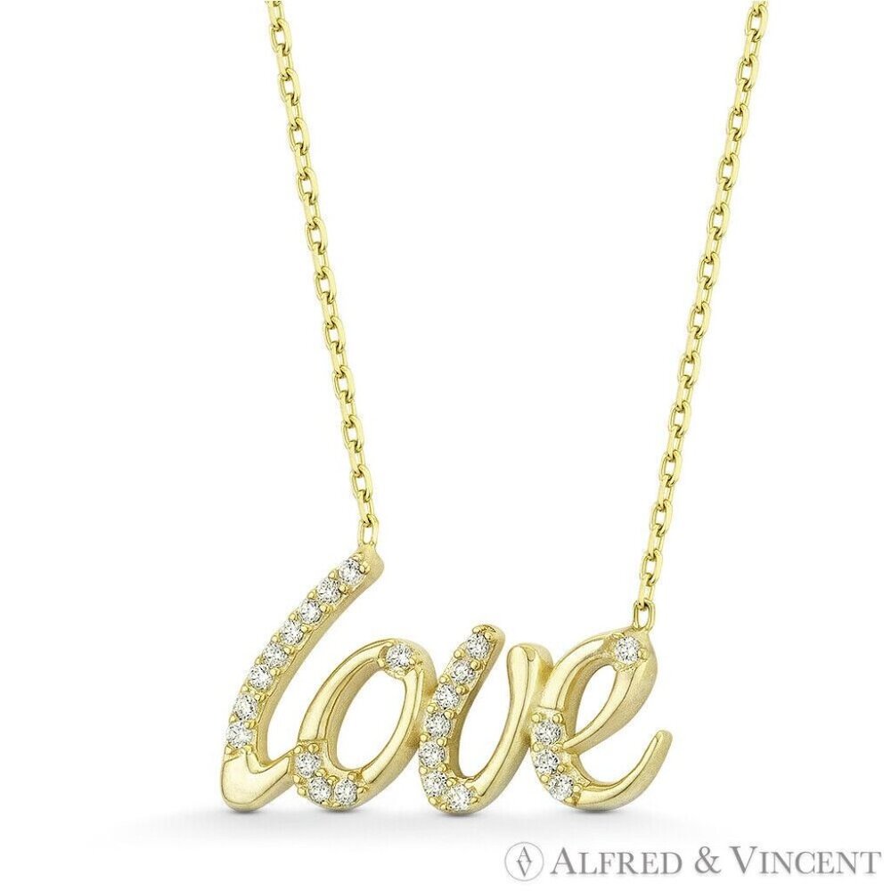 "Love" Script CZ Crystal Pendant in .925 Sterling Silver w/ 14k Yellow Gold